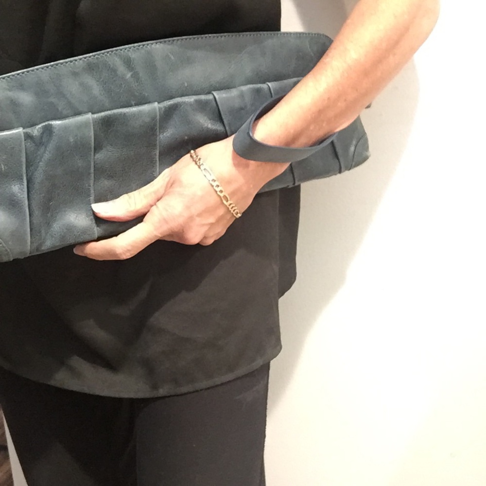 YL teal leather clutch, wristlet